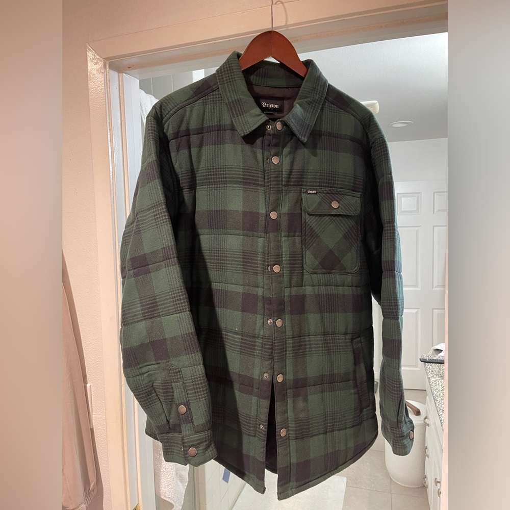Brixton Men's Dark Green and Black Plaid Shirt Jacket